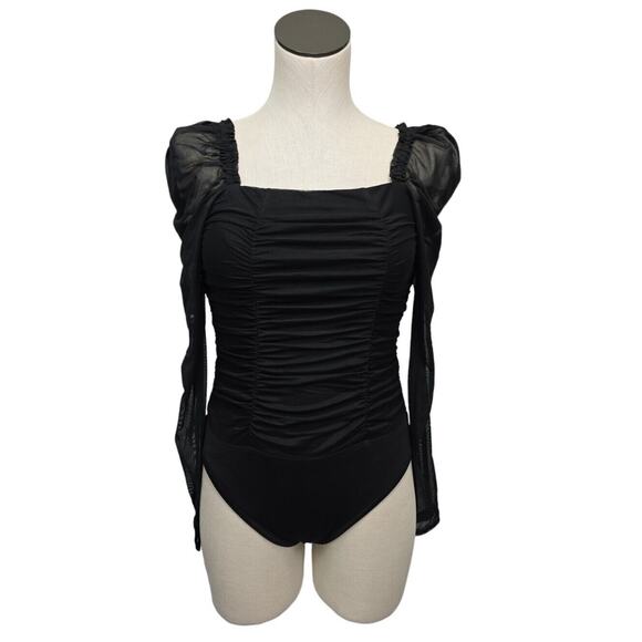 NWT Bebe Black Ruched Long Puff Sleeve Sheer Mesh Bodysuit Womens Size Small - Picture 1 of 13